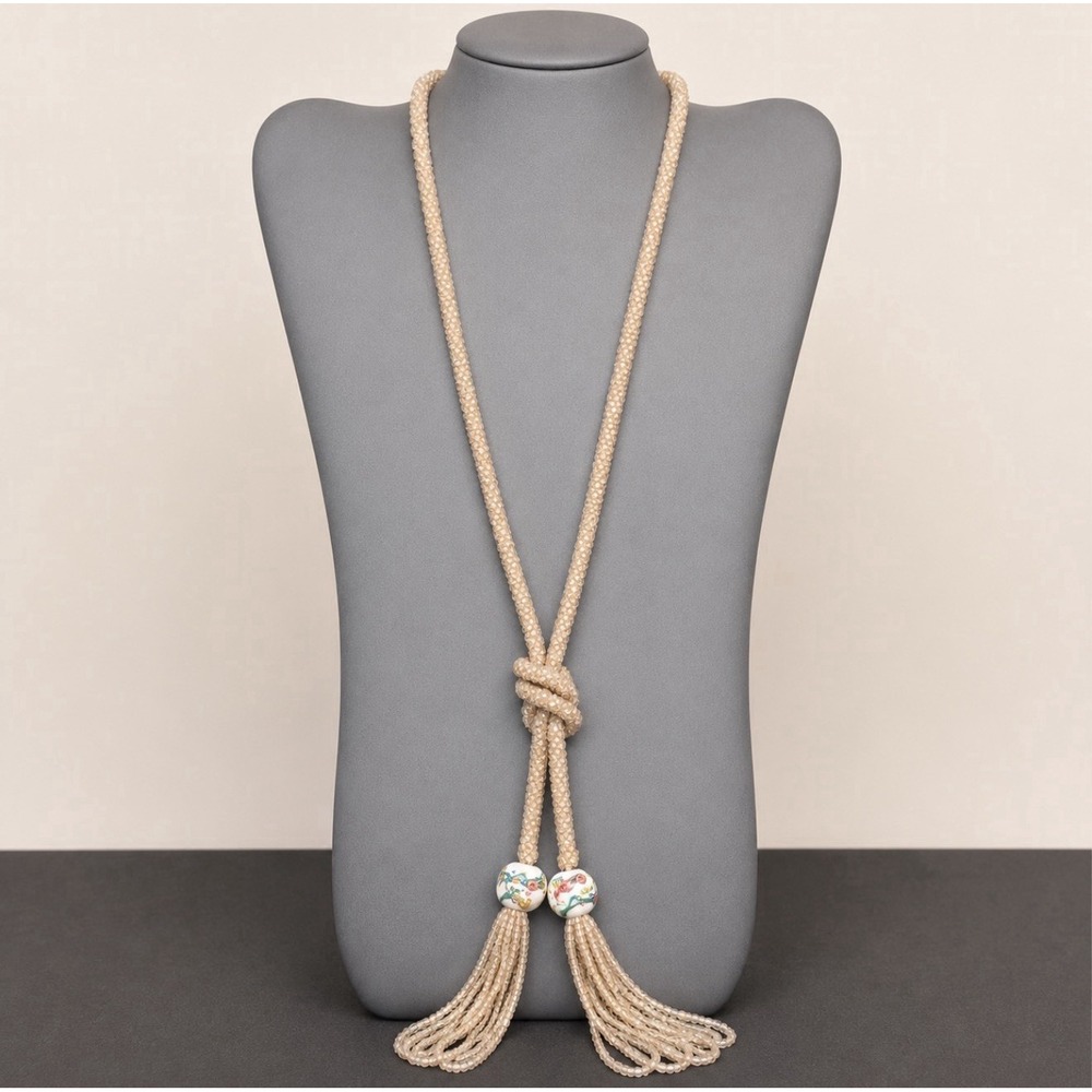 Vintage Art Deco Italian Wedding Cake & Seed Bead Lariat Tassel Flapper Necklace